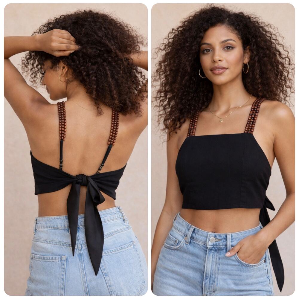 Urban Outfitters Beaded Strap Crop Top Open Tie Back Black Boho Festival Size M
